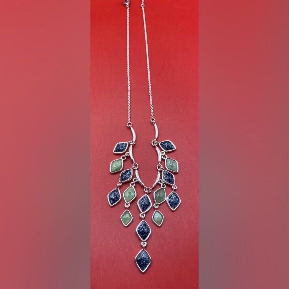 Women’s Necklace Silver Tone Green Black Stone Dangling Boho Statement Party 17”